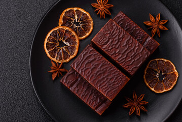 Rectangular chocolate candies with mousse and waffles