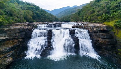 Fototapeta premium A dramatic waterfall cascading over rocky ledges into a deep jungle, the wilderness dense and vibrant, untouched by civilization Waterfall plunge wilderness, Lush jungle paradise