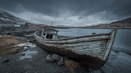 An abandoned fishing boat sits on the rocky shore of a quiet fjord, framed by dramatic mountains and a brooding sky, capturing the serene yet rugged beauty of Iceland's landscape