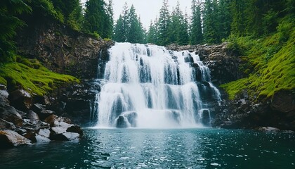 Fototapeta premium Closeup of a waterfall as it cascades down rugged rocks into a serene forest pool