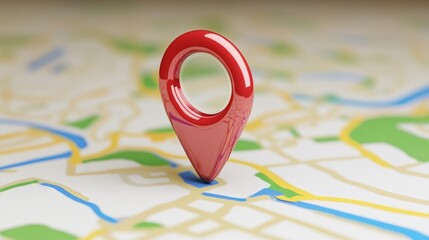 A prominent red location pin marks a distinct position on a city map, showcasing various streets and routes in the surrounding area, indicating urban navigation and exploration