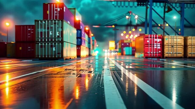 Cargo containers stand stacked, awaiting loading and unloading in a busy industrial shipping terminal at night, rain reflecting the city lights on the wet asphalt
