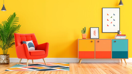 Living room with modern furniture and colorful interior design featuring a sofa stylish decor and vibrant walls
