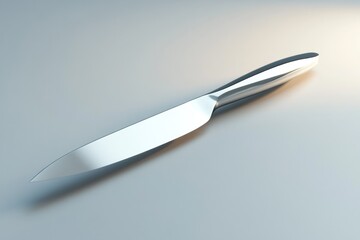 A Single Shiny Silver Knife Isolated Against a Light Gray Background