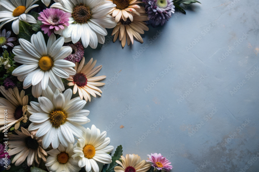 Poster a vibrant arrangement of colorful flowers cascading elegantly across a soft blue background, creatin