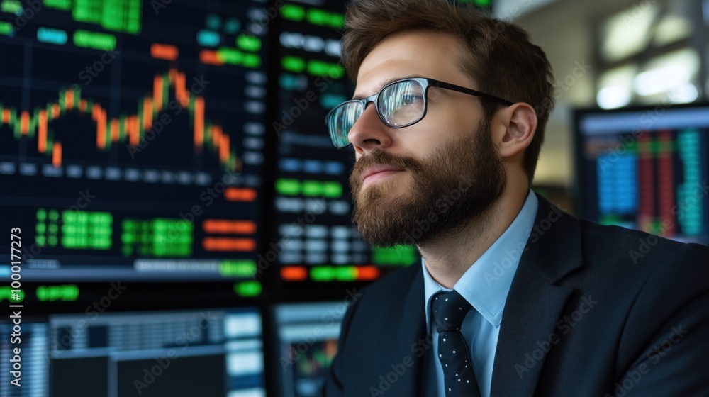 Aufkleber the financial analyst intently observes market data on multiple screens, analyzing stock prices and 