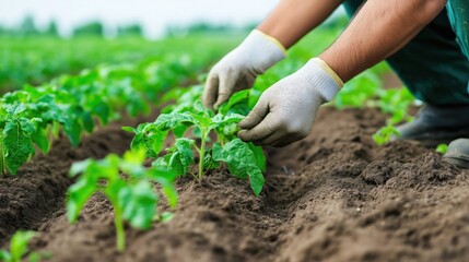 A gardener carefully inspects and nurtures young vegetable plants in a green field, focused on promoting healthy growth and improving crop yield under clear skies