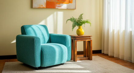 Armchair in a stylish living room with natural light and decor elements