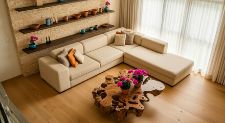 Sofa in modern living room with elegant interior design and wooden decor elements featuring vibrant flowers