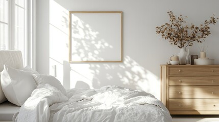 Modern White Bedroom Interior Featuring a Cozy Bed with Fluffy Warm Duvet and Set of Pillows, Facing a Wooden Dresser and a Window Illuminating the Space, blank Gallery Wall Mockup