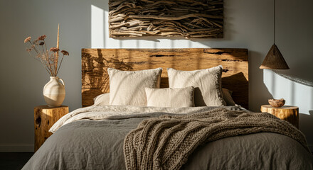 Modern bedroom decor featuring stylish bedding and wooden elements in a cozy setting