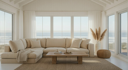 Living room with cozy space and modern interior design featuring large windows and ocean view