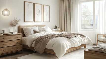Modern White Bedroom Interior Featuring a Cozy Bed with Fluffy Warm Duvet and Set of Pillows, Facing a Wooden Dresser and a Window Illuminating the Space, blank Gallery Wall Mockup