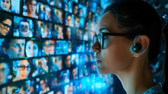 business, technology, internet and people concept - close up of asian businesswoman with virtual screens over office background