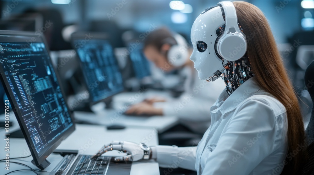 Poster a humanoid robot wearing a headset focuses on data analysis at a workstation, while another individu