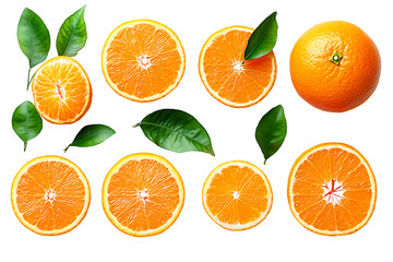Set of fresh juicy oranges cut in half with green leaves seen from above on a transparent background 