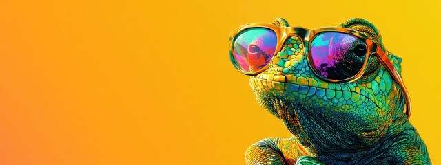 Fototapeta premium chameleon wearing sunglasses on a solid color background, vector art, digital art, faceted, minimal, abstract