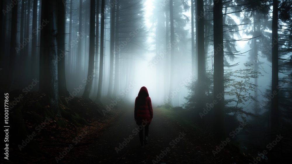 Poster a person in a bright red hooded jacket walks alone down a narrow path in a dense forest. the area is