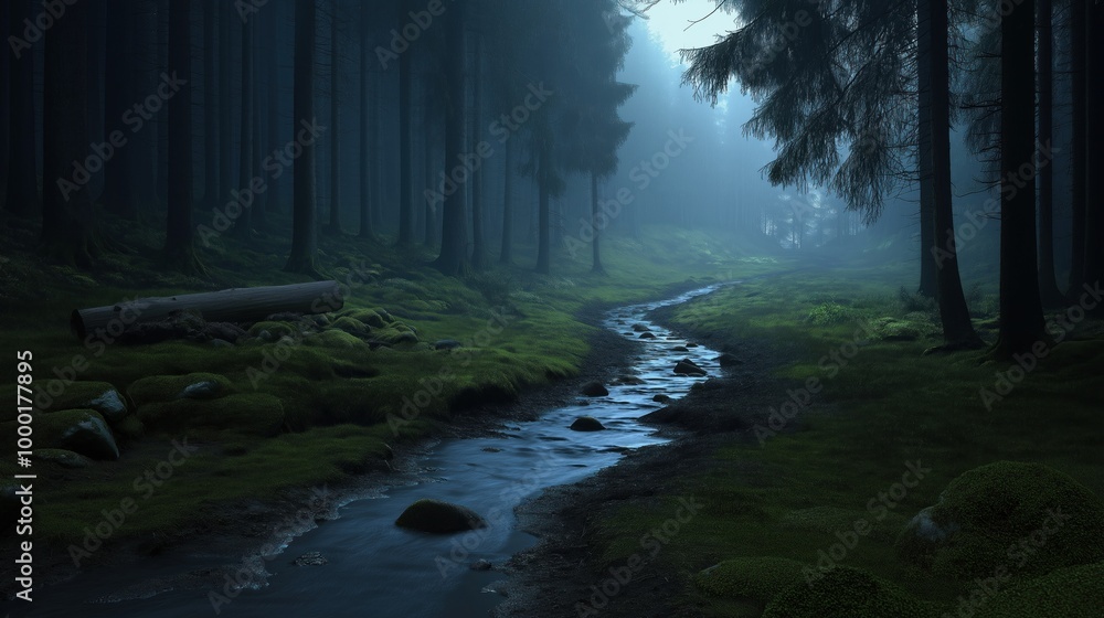 Poster the serene stream flows gently through a lush forest, surrounded by towering trees and a soft mist, 