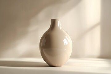 A Beige Ceramic Vase with a Rounded Base and a Smooth Glossy Finish