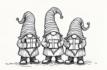 Christmas coloring book for children. . Christmas gnomes on white background. Scandinavian Nordic Gnome. Traditional holiday. Winter illustration