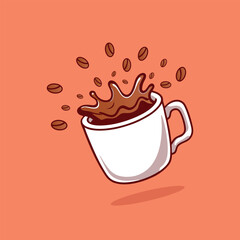 Floating dark coffee cup with coffee beans, vector icon illustration, isolated flat cartoon style.