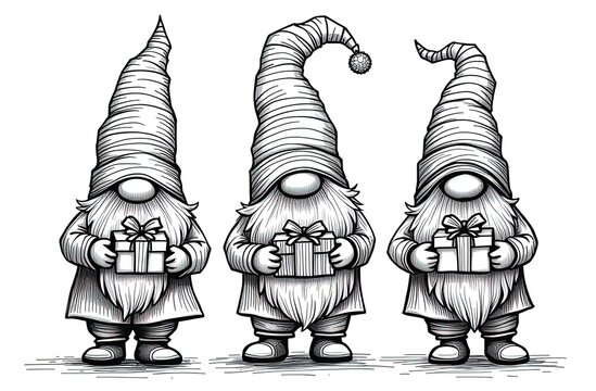 Christmas coloring book for children. . Christmas gnomes on white background. Scandinavian Nordic Gnome. Traditional holiday. Winter illustration
