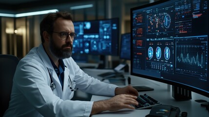 Fototapeta premium A dedicated healthcare professional intensely examines patient data on multiple screens in a high-tech medical office, focusing on vital health metrics and imaging results at dusk