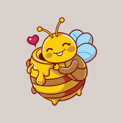Cute Honey Bee Hug Honeycomb Cartoon Vector Icon Illustration.