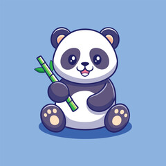 Cute panda holding  bamboo vector icon illustration, isolated flat cartoon style.