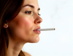 Obraz premium A middle-aged Caucasian woman with long dark hair smoking a cigarette, white background, sad