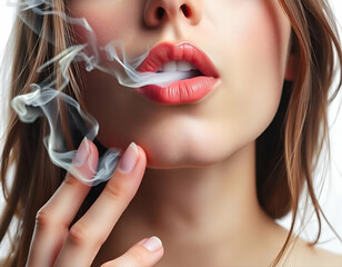 A middle-aged Caucasian woman with long dark hair smoking a cigarette, white background, sad