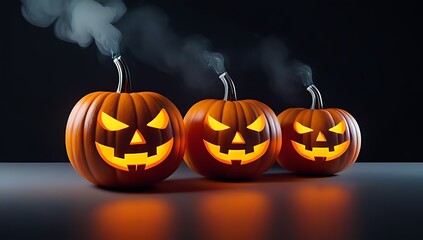 Spooky Halloween pumpkins with jack-o'-lantern faces surrounded by swirling smoke and illuminated by vibrant neon lights, creating a haunting atmosphere.
