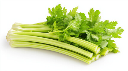 Fresh celery stalks on a white background
