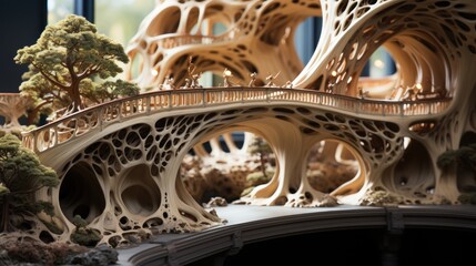Intricate Wooden Model of a Fantastical Bridge