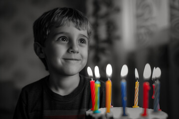Monochrome portrait of a happy boy sitting behind a birthday cake with colorful, lit candles. Grey background with copy space.
