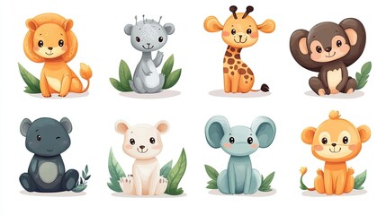 Fototapeta premium Colorful set of little cartoon animals characters. Baby animals icons set isolated on white background. Cartoon character design. Color illustration of wild animal world. Vector illustration. 