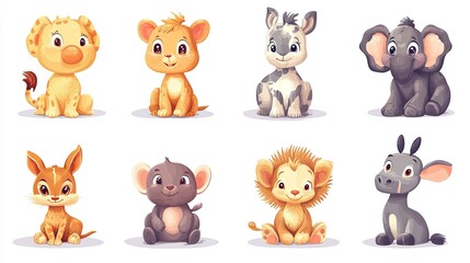 Obraz premium Colorful set of little cartoon animals characters. Baby animals icons set isolated on white background. Cartoon character design. Color illustration of wild animal world. Vector illustration. 