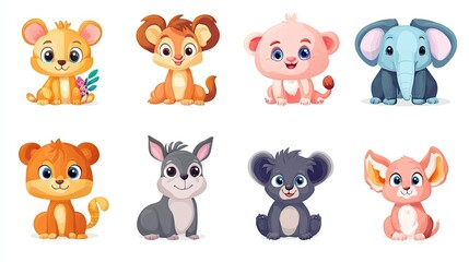 Obraz premium Colorful set of little cartoon animals characters. Baby animals icons set isolated on white background. Cartoon character design. Color illustration of wild animal world. Vector illustration. 
