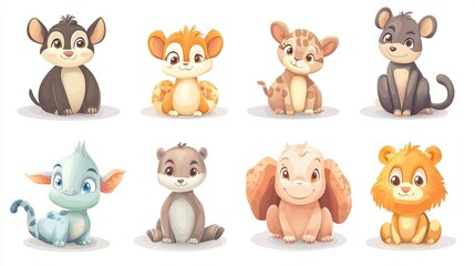 Obraz premium Colorful set of little cartoon animals characters. Baby animals icons set isolated on white background. Cartoon character design. Color illustration of wild animal world. Vector illustration. 