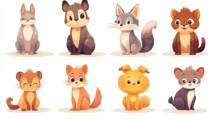 Fototapeta premium Colorful set of little cartoon animals characters. Baby animals icons set isolated on white background. Cartoon character design. Color illustration of wild animal world. Vector illustration. 