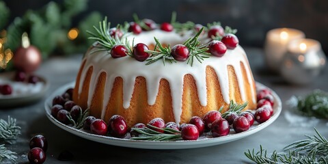 A white cake with a red frosting and berries on top. The cake is placed on a white plate and surrounded by pine needles