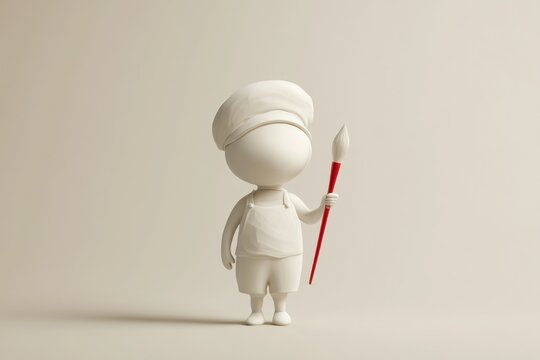 White 3D Character Holding a Red Paintbrush