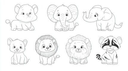 Coloring page. Set of large animals for coloring on a white background.