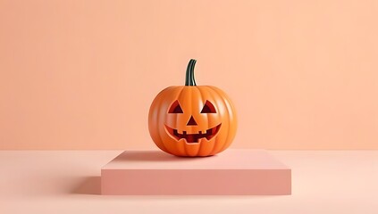 A rendering of a happy Halloween scene featuring an abstract autumn design with a cute pumpkin on a pink podium stand, set against a pastel background, perfect for a winter holiday greeting card displ