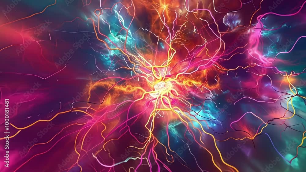 Poster vibrant abstract background mimicking firing neurons, blending science and technology. symbolizing c