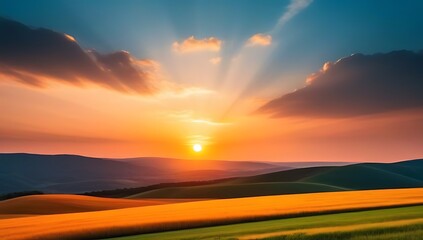 Fototapeta premium A beautiful and dramatic sunset landscape featuring a vibrant sky over rolling hills, with evening rays of sunlight illuminating the field. This scene captures the beauty of nature and the modern ener