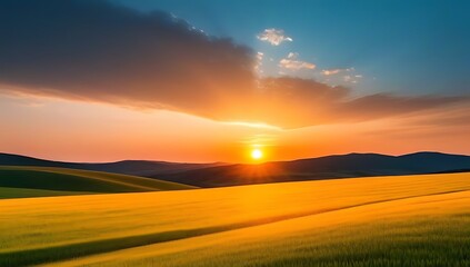 A beautiful and dramatic sunset landscape featuring a vibrant sky over rolling hills, with evening rays of sunlight illuminating the field. This scene captures the beauty of nature and the modern ener