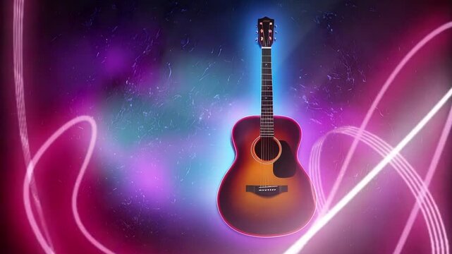 Acoustic guitar in neon light with pink and blue glow effect. Seamless looping 4k time-lapse virtual video background 