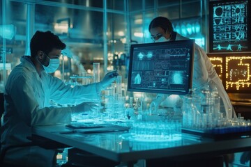 Two Scientists in a Modern Laboratory Analyzing Data and Working with Chemicals